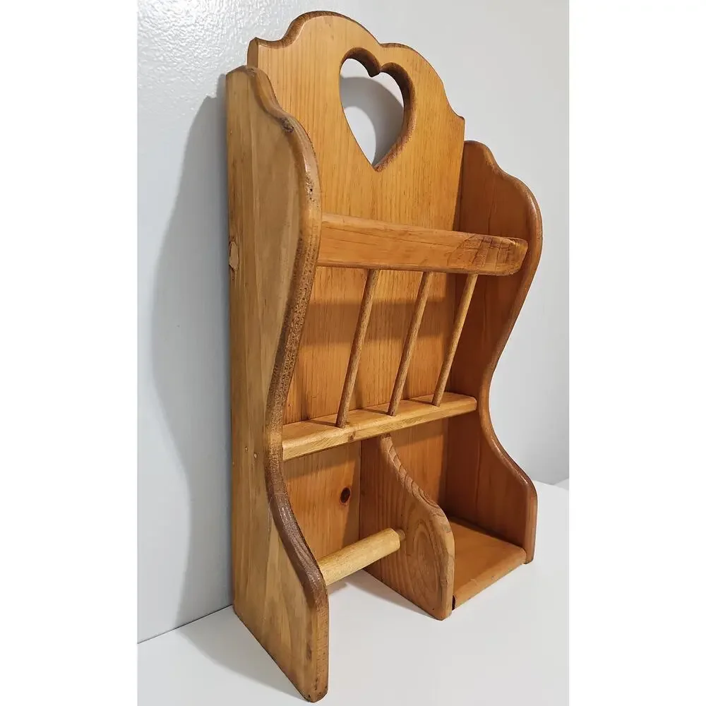 Vintage Wooden Bathroom Wall Organizer Heart Toilet Paper Holder Magazine Rack